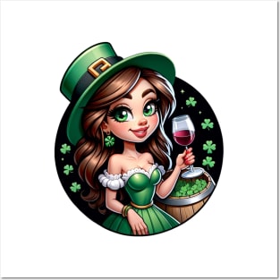 Pretty Irish Girl in green with shamrocks and a glass of wine Posters and Art